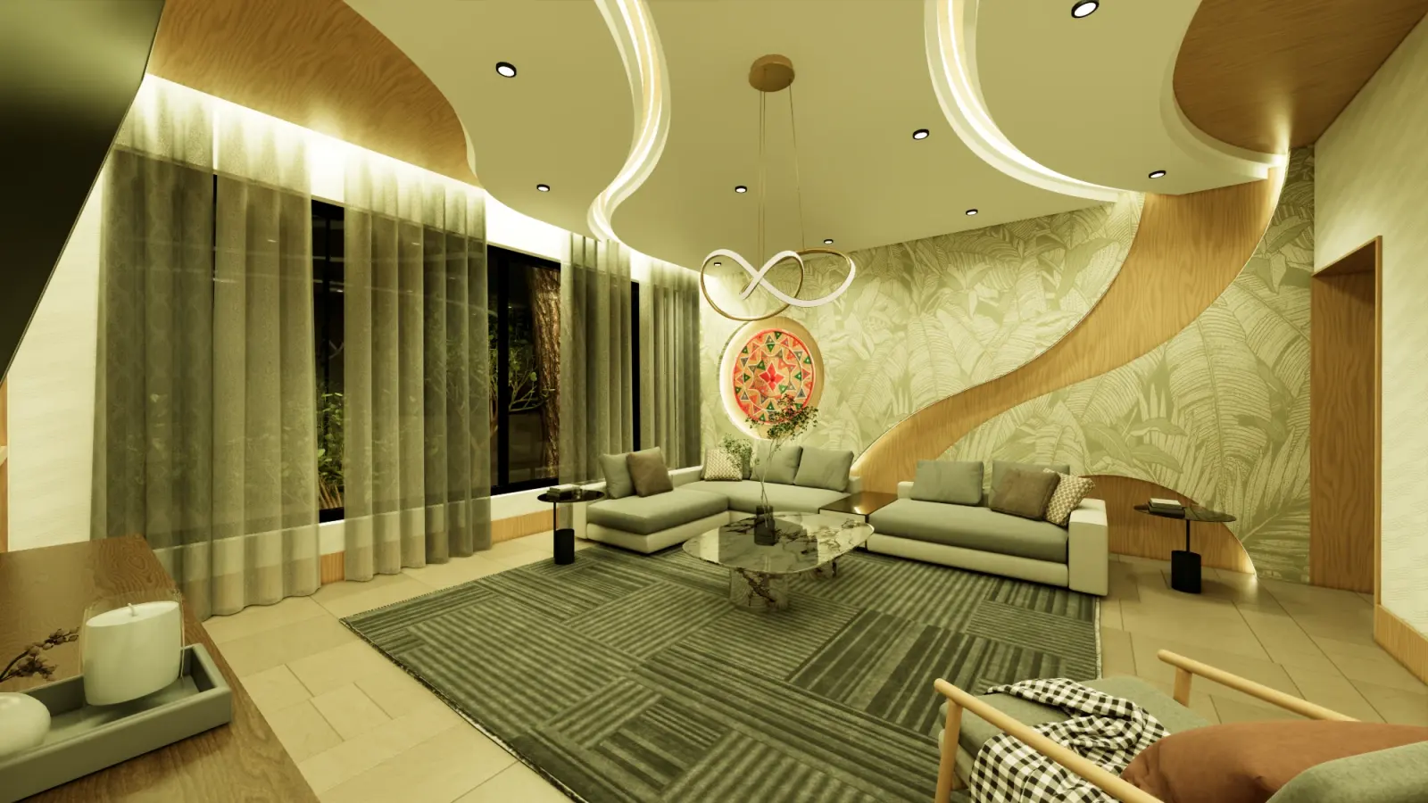 The same living room at night, ceiling curves lit by concealed strips, medallion glowing on the wall