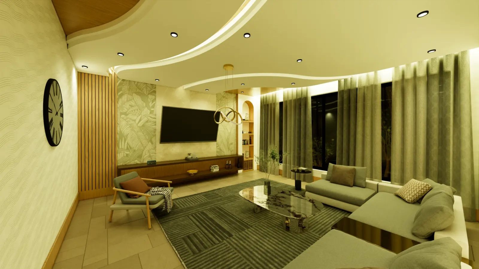 View towards the television wall with fluted timber panelling and a long low console